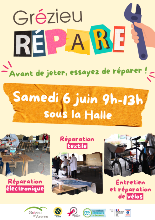 Grézieu répare Avant de jeter, essayez de réparer ! Samedi 6 juin 9h-13h sous la Halle Réparation électronique Réparation textile Entretien et réparation de vélos Grézieu la Varenne L'atelier Soudé Change de chaine Les certificats d'économies d'énergie Promu par République française - Liberté égalité fraternité ADEME