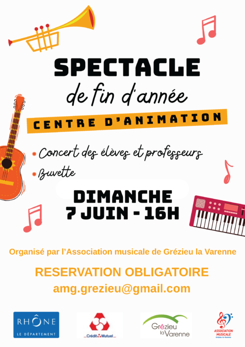 Spectacle de fin d'année
Au centre d'animation
Concert des élèves et des professeurs
Buvette
Dimanche 7 juin à 16h
Organisé par l'association musicale de Grézieu-la-Varenne
Réservation obligatoire : amg.grezieu@gmail.com
Logos : Département du Rhône, Crédit Mutuel, Grézieu la Varenne, Association musicale de Grézieu la Varenne